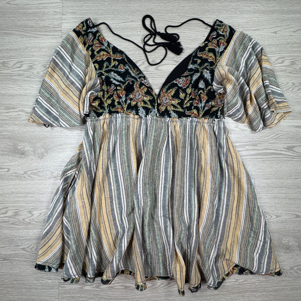 Free People Women's Top Embroidered Striped Babydoll Tassel Multi Small Boho